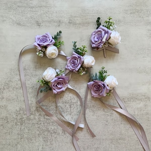Lavender and White Rose Boutonnière Corsage/ Purple Wedding/ Lilac and Grey Wedding/ Plum and Greenery wedding/ Moody Romance Wedding