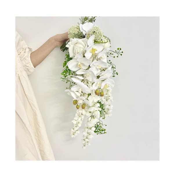 Cascading White Orchid, Wisteria & Rose Wedding Bouquet 12” Artificial/ Classic White Flower Eucalyptus Bouquet/ Rustic Greenery Bouquet