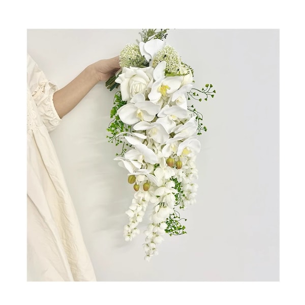 Bouquet de mariée en cascade d'orchidées blanches, de glycine et de roses 30 cm, bouquet d'eucalyptus de fleurs blanches classiques/artificielles/bouquet de verdure rustique