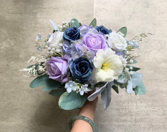 Lavender and Navy Bridal Bouquet 12"/ Dusty Purple Rose and Blue Wedding Bouquet/ Dark Blue and Lilac Rustic Boho Flower Bouquet