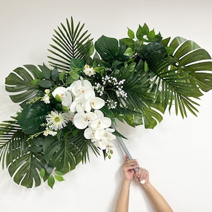 Monstera Deliciosa Eucalyptus & White Orchids Wedding Archway Flower/ White Orchids and Palm Leaves Modern Tropical Wedding Flower Decor