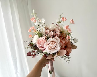 Dusty Pink & Ivory Rose Eucalyptus Wedding Bouquet 12"/ Pink and Cream Bridal Bouquet/ Marsala and Mauve Eucalyptus Bouquet/ Rustic Wedding