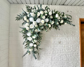 White Rose Eucyptus Wedding Archway Artificial Flower/ Classic White Wedding Floral Arch/ Rustic Wedding Swag Flower/ White Floral Swag Arch