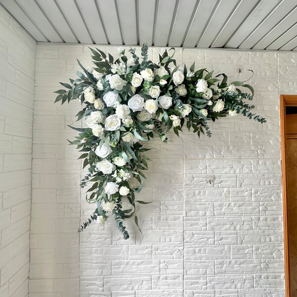 White Rose Eucyptus Wedding Archway Artificial Flower/ Classic White Wedding Floral Arch/ Rustic Wedding Swag Flower/ White Floral Swag Arch