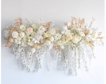 White Wisteria & Champagne Gold Wedding Archway Flower Artificial/ White Rose and Hanging Wisteria Flower Swag with Rose Gold Eucalyptus