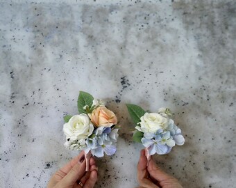 Peach, Blush and Blue Hydrangea Boutonnière Corsage/ Pink and Light Blue Boutonnière Corsage/ Coral Dusty Blue Boutonnière Corsage