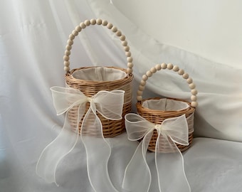 Hand Woven Flower Girl Basket: Wood Bead Handle, Rustic Willow Moss
