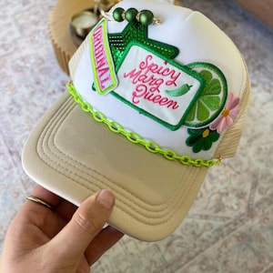 Spicy Marg Queen Trucker Hat With Patches For Women, Margaritta Trucker Hat With Chain, Custom Trucker Hat, Beach Hat.