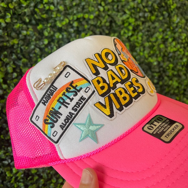 Beach Patch Trucker Hat, Retro Trucker Hat For Women,  Trendy Patch Hats, Hot Pink Hat, Otto Hat.