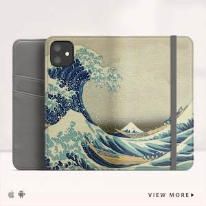 Hokusai &quot;The Great Wave off Kanagawa&quot; iPhone 15 Pro Max 14 wallet case iPhone Xs flip case iPhone Xr iPhone SE wallet case. WC-HOK-01