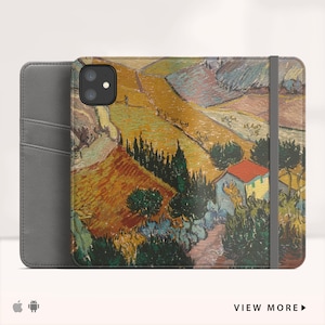 Van Gogh "Paisaje con casa y labrador" Funda tipo cartera para iPhone 14 Pro Max Funda con tapa para iPhone Xs Max Funda tipo folio para iPhone Xr. WC-VVG-26