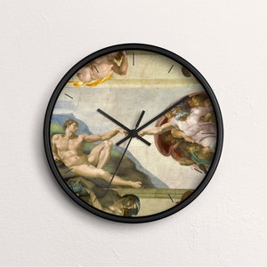 Michelangelo &quot;The Creation of Adam&quot; Wall Clock Fine Art Clock Black Wooden Frame CL-MIC-01