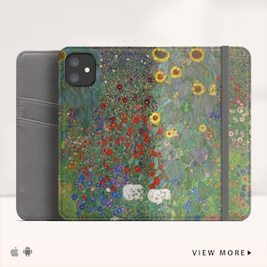 グスタフ・クリムト「ひまわりのある庭」iPhone 14 Pro Max ウォレットケース iPhone Xs Max フリップケース iPhone Xr iPhone SE ウォレットケース。WC-GKL-04