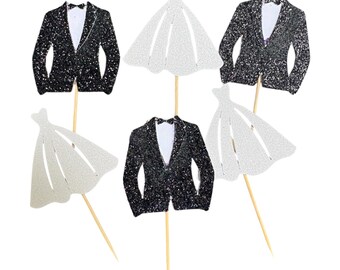 Bride Dress and Tuxedo Cupcake Toppers,set of 6,  bridal shower,Wedding,Engagement
