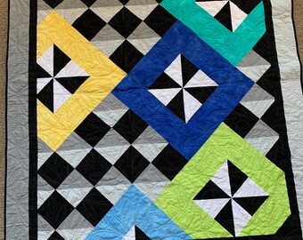 Modern black, gray, blue and green quilt