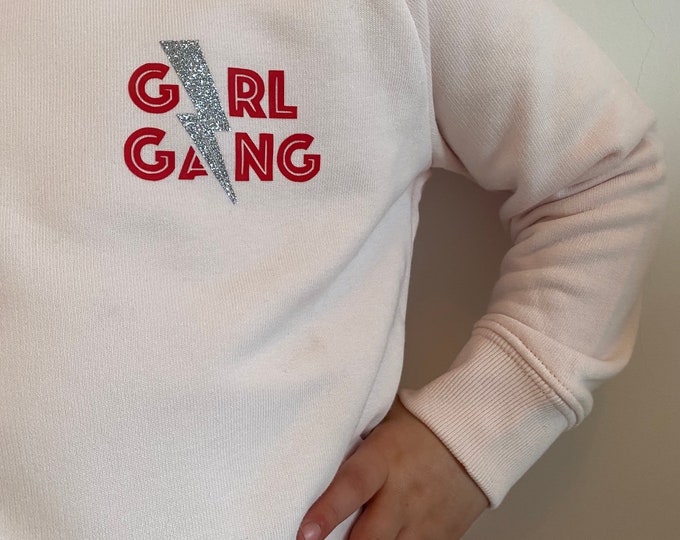 Pink Girl Gang sweater , powder pink, lightening bolt, grey girl gang