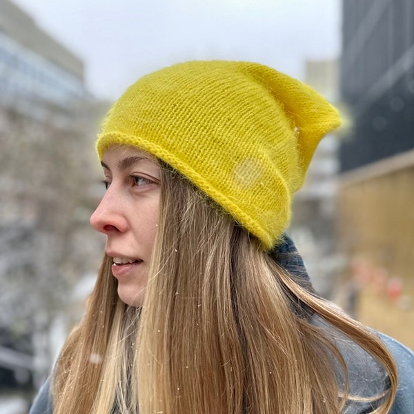 Bright yellow wool hat, Hand knit angora wool beanie hat, lemon winter hat, Handmade fluffy slouchy beanie, MANY COLORS fall fuzzy beanie