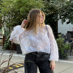 White cropped mohair sweater, Sheer hand knit sweater, Wide cropped sweater, Wool sweater, Geometric female jumper, Oversized mesh pullover
