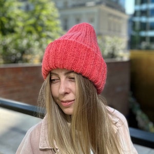 Coral womens hat, Warm mohair wool hat, hand knit hat, Bright winter hat, Thick fold cuff hat, Ski hat, Colorful fall hat