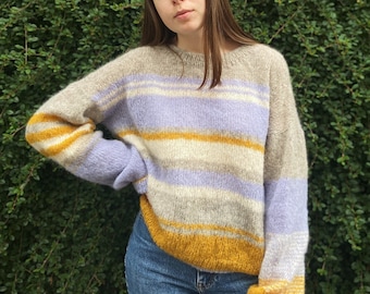 Oversized striped sweater, Hand knit alpaca sweater, Wool sweater with asymmetrical sleeve patterns, Yellow winter sweater, Womens sweater