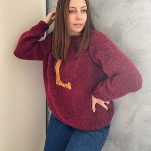 Burgundy Weasley sweater, Warm personalized alpaca sweater, Hand knit initial sweater, Wool sweater, Cozy maroon rons jumper, Winter sweater