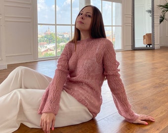 Dusty rose kid mohair suéter tamaño S, suéter de seda ajour hecho a mano, suéter de lana rosa translúcido de punto a mano, jersey de malla de mujer suave