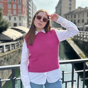 Magenta wool sweater vest, Fuchsia alpaca vest, Hand knit crew neck vest, Warm cropped vest women, Sleeveless knit vest CUSTOM COLOR