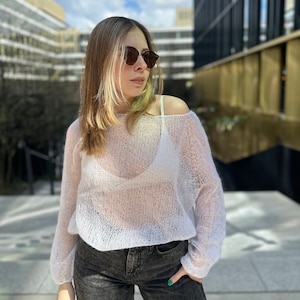 Translucent white mohair sweater, Hand knit wedding sweater, Elegant silk bridal sweater, Classic boat neck jumper, Oversized mesh pullover