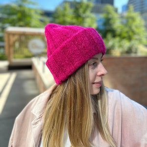 Bright fuchsia mohair beanie hat, Double cuff womens hat, Winter wool hat for women, Magenta ribbed beanie, Colorful hand knit hat