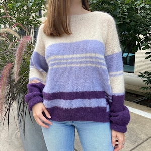 Funky purple striped wool sweater with asymmetrical sleeves, Hand knit sweater, Oversized alpaca sweater, Womens sweater, Winter sweater
