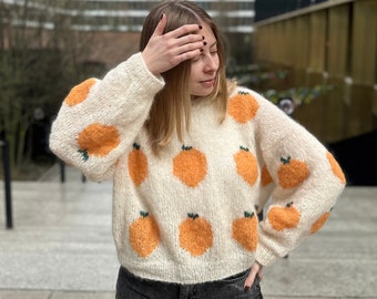 Wool cropped sweater with Oranges, Loose fit hand knit silk sweater, Whimsical cottagecore female jumper, Oversize womens sweater