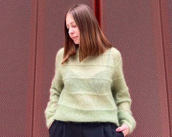 Sage green mohair sweater, Handmade romantic striped sweater, Hand knitted cozy pastel gossamer sweater, Warm women fall silk sweater