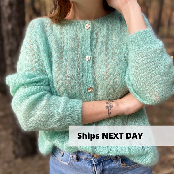 Teal mohair mesh cardigan, Handmade mint summer sweater, Hand knitted cozy wool cardi, Warm pastel women sheer jumper