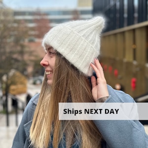 White angora wool hat, Peaked beanie hat, Hand knit angora wool hat, Fuzzy winter hat, High top slouchy beanie, MANY COLORS fall beanie