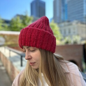 Thick pink womens hat ONE SIZE, Ribbed ski hat, Bright mohair wool hat, Hand knit beanie hat, Women winter hat, Double cuff beanie Cherry