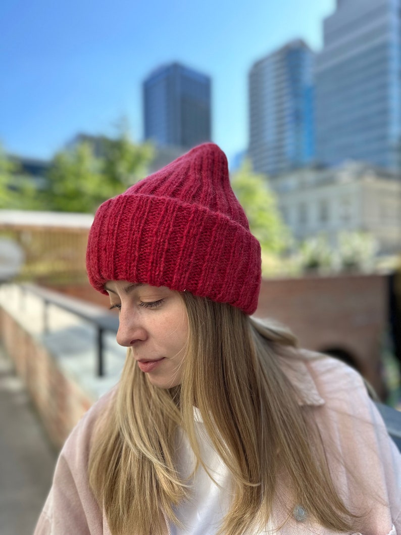 Thick pink womens hat ONE SIZE, Ribbed ski hat, Bright mohair wool hat, Hand knit beanie hat, Women winter hat, Double cuff beanie Cherry
