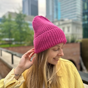 Raspberry pink merino wool hat, Warm ribbed alpaca hat, hand knit womens hat, Fuchsia winter hat, Bright double cuffed beanie hat