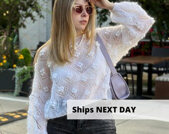 Oversized Sheer Mohair Cropped Sweater Jumper off White, Loose