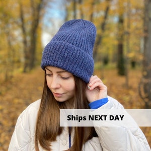 Navy blue alpaca wool beanie, Hand knit denim blue winter hat, Merino wool hat, Warm ribbed mens slouchy beanie, Cozy women cobalt hat