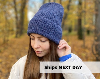 Navy blue alpaca wool beanie, Hand knit denim blue winter hat, Merino wool hat, Warm ribbed mens slouchy beanie, Cozy women cobalt hat