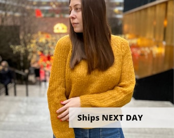 Maglione mohair senape, maglione di lana caldo di tutti i giorni, maglione corto arancione, maglione giallo semplice lavorato a mano, pullover accogliente, maglione giallo