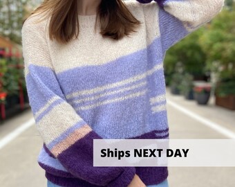 Striped wool sweater with asymmetrical pattern sleeves S size, Hand knit oversized alpaca sweater, Women winter pullover, Warm jumper