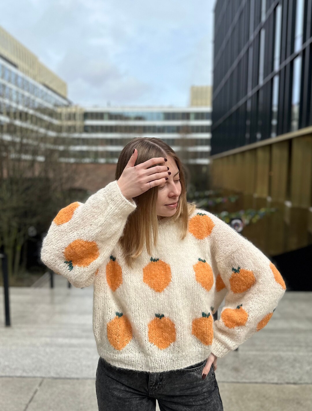 Wool Cropped Sweater With Oranges, Loose Fit Hand Knit Silk