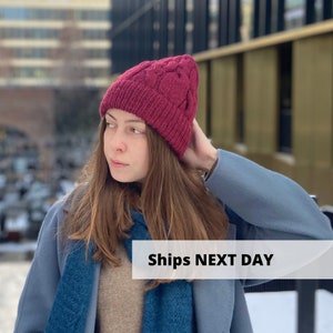 Thick bordo alpaca hat, Hand knit merino wool hat, Aran winter hat, Warm cuffed wool beanie, Thick knit burgundy hat, MANY COLORS in stock