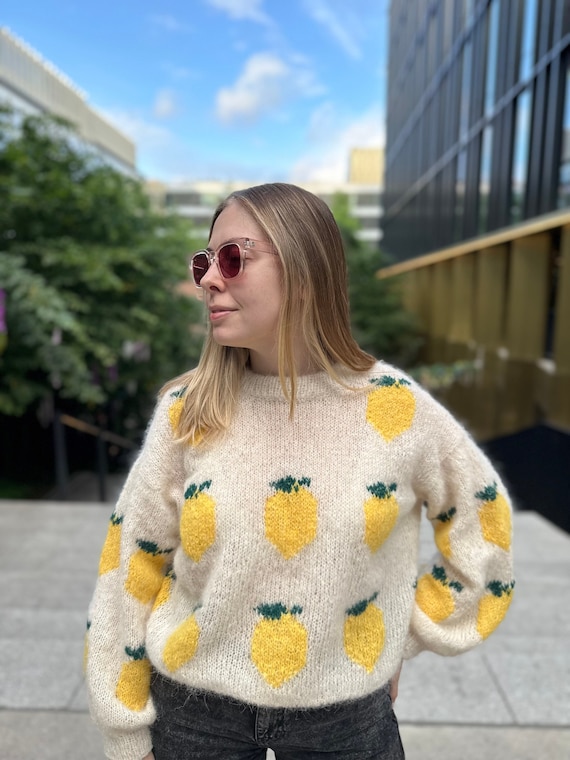 Off White Wool Sweater With Lemons, Funky Hand Knit Sweater