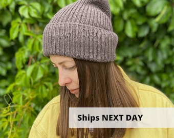 Brown merino wool beanie hat, Hand knit wool hat, Double cuff winter hat, Warm slouchy beanie, Soft ribbed fishermen hat, Basic ski hat