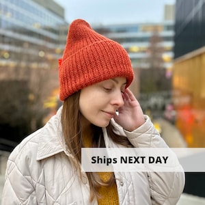 Terracotta merino wool beanie, Hand knitted orange winter hat, Warm womens slouchy beanie, Cozy bright women ribbed hat, Handmade outerwear