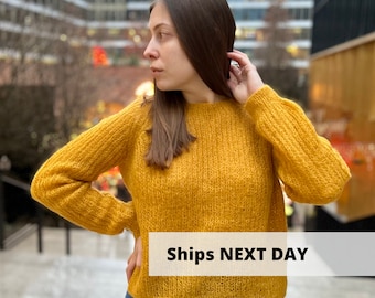 Maglione in mohair giallo senape, maglione soffice lavorato a mano caldo, maglione invernale da donna, maglione raccolto fuzzy, pullover autunnale luminoso