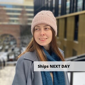 Soft pink alpaca hat, Hand knitted winter merino wool hat, Warm aran cuffed beanie, Cozy handmade women dusty pink cap, MANY COLORS in stock