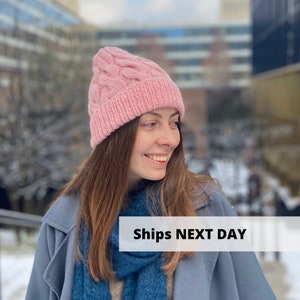 Hand knitted alpaca wool beanie, Cute pink merino wool hat, Handmade aran beanie hat, Warm women cuffed winter hat, MANY COLORS in stock